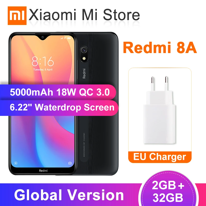 Мобильный телефон Xiaomi Redmi 8A с глобальной версией, 2 Гб, 32 ГБ, 8 A, 6,22 дюймов, Восьмиядерный процессор Snapdargon 439, камера 12 МП, аккумулятор 5000 мАч, 18 Вт, QC 3,0