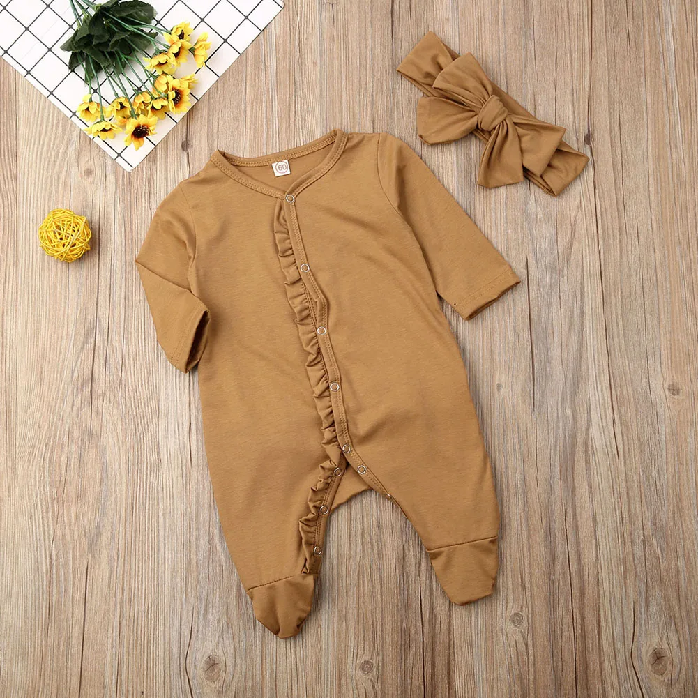Emmababy, 2 предмета, для новорожденных, для маленьких мальчиков и девочек, с длинными рукавами, хлопок, на пуговицах, Детский комбинезон с повязкой-бантом, осенняя одежда