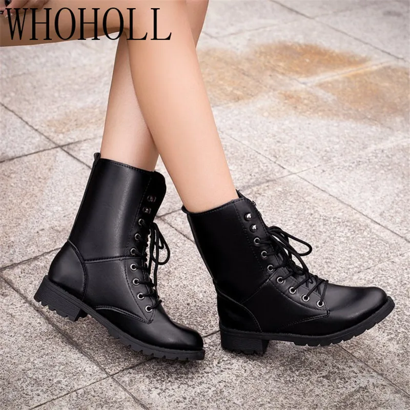 

Black PU Leather Ankle Boots Women Autumn Winter Round Toe Lace Up Shoes Woman Fashion Motorcycle Platform Botas