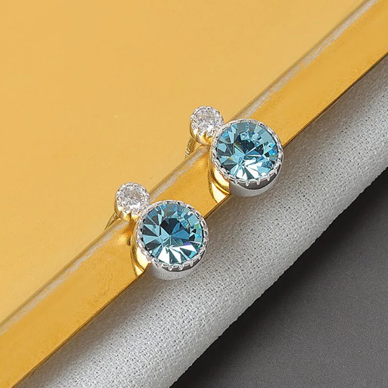 

KOFSAC Shiny Women Stud Earrings 925 Sterling Silver Jewelry Trendy Blue Crystal Round Earring Lady Engagement Accessories New