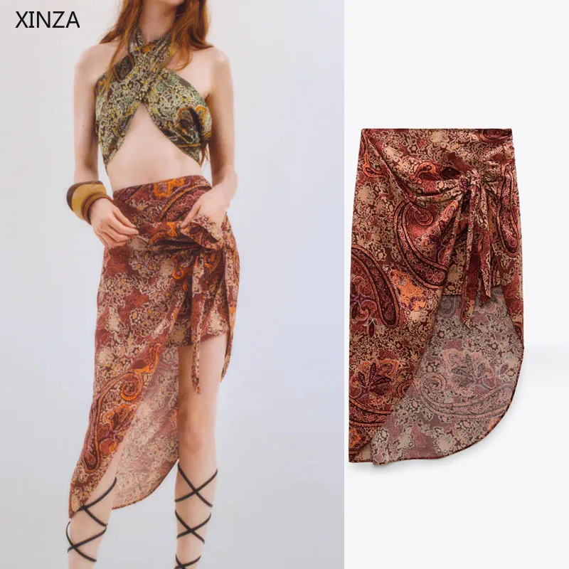 

2021 Za Women Vintage High Waist Midi Skirt Floral Print Knot Summer Skirts Woman Chic Side Zip Asymmetric Hem Casual Skirt