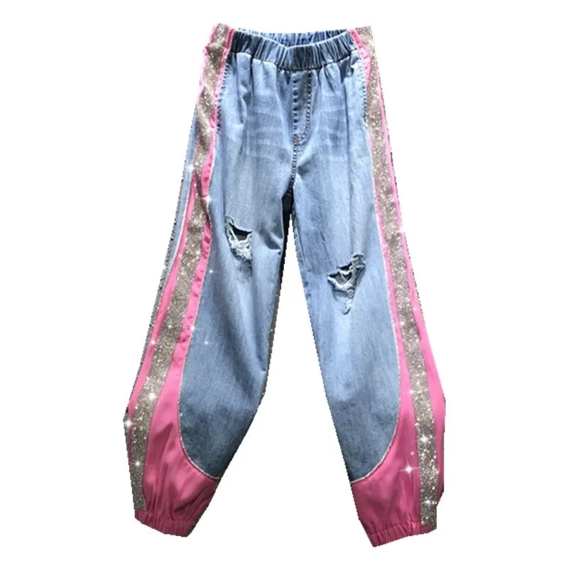 

Designer Women Jeans Sequined Pink Patchwork Elastic Waist Loose Harem Bean Leg Jeans Girl Denim Pant