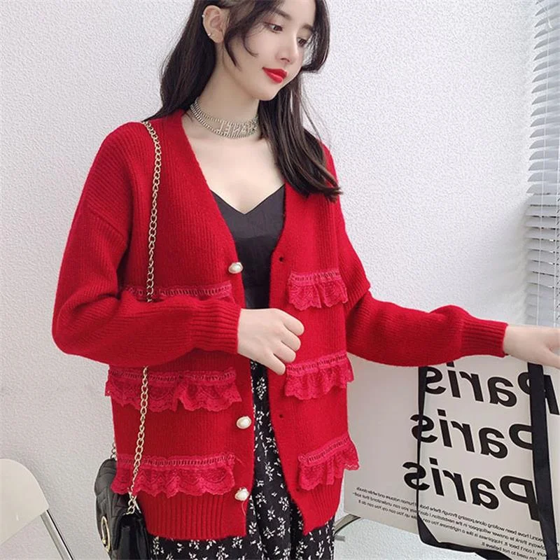 

New Sweater Cardigan Women Warm Sweet Lace Vintage Elegant Women's Coat Oversize Korean Style Knitting Plus Size Tops Female