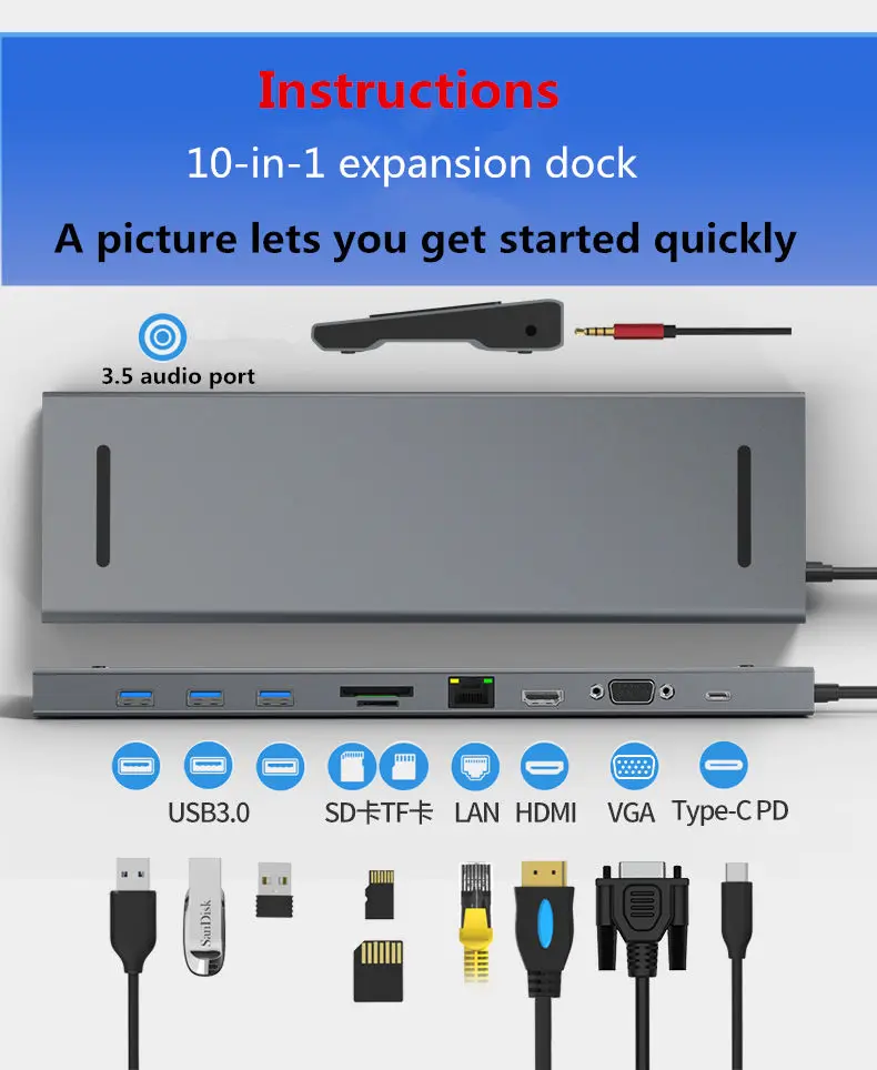 Type-C PD концентратор USB3.0 SD TF LAN VGA 3,5 мм аудио Для iMac MacBook huawei Xiaomi смартфон Расширение Док-станция 4K HDMI