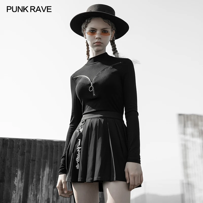 

PUNK RAVE Women's Punk Zipper Tight Sexy Long-sleeved Black T-shirt Gothic Daily Soft Elastic Women Tops