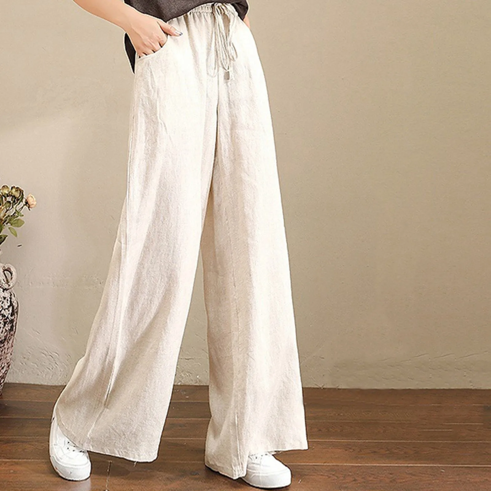 

Pants Women Wide Leg Pants Solid Color Bow Sash High Waist Wide Leg Pants Women Cotton Linen Long Trousers Loose Pants