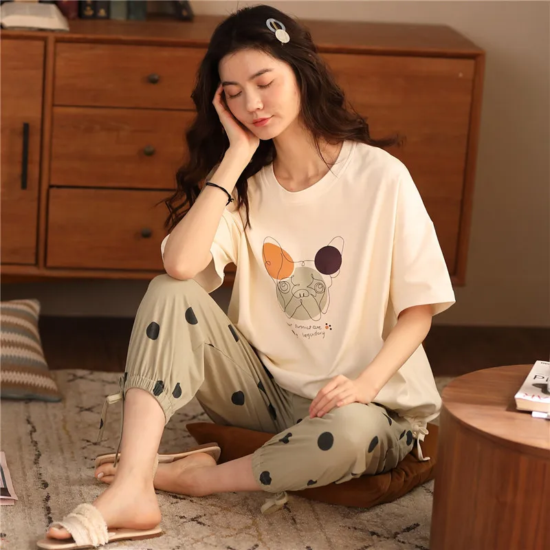 Pajamas Women's Spring Summer Cotton Short Sleeve Capris Fresh Sweet Home Clothes Lady Sleepwear Female Nightwear Lounge Sets