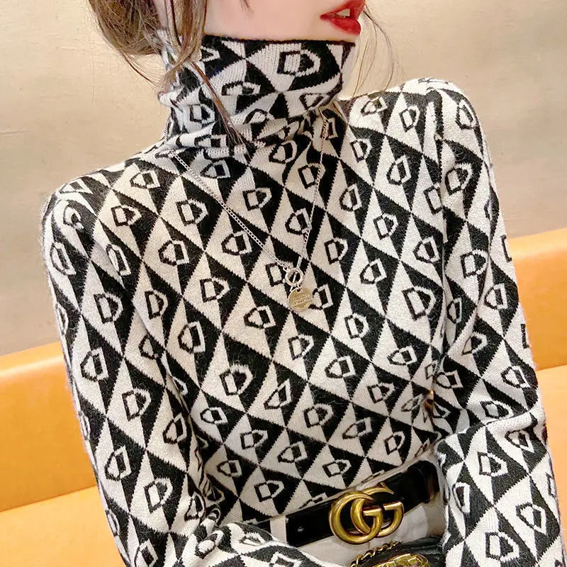 

One Piece Plush Turtleneck Sweater women's 2021 Winter New Jacquard Print Thickened Pile Collar Bottomed Shirt with Top Inside