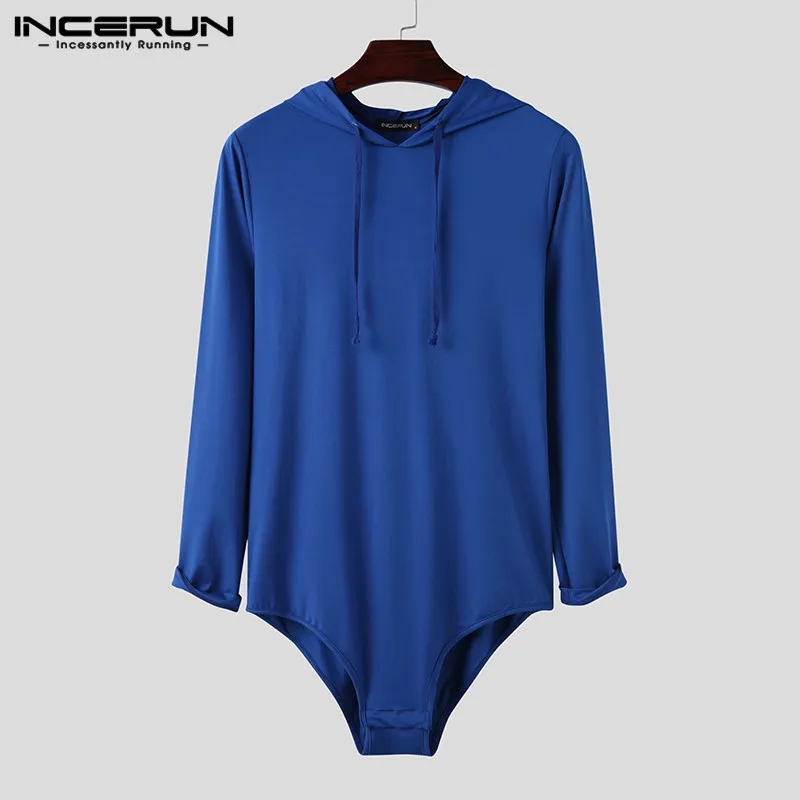 INCERUN Leisure Hooded Solid Color T Shirts Men Long Sleeve Bodysuit Sexy Rompers Tee Tops 2022 Fashion Comfortable T-shirts 5XL