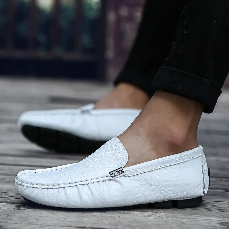 

Leather Mens Loafers Peas Shoes Fashion Moccasins Soft Leather Tenis Masculino Big Size 38-47 White Slip on Men's Boat Shoes %