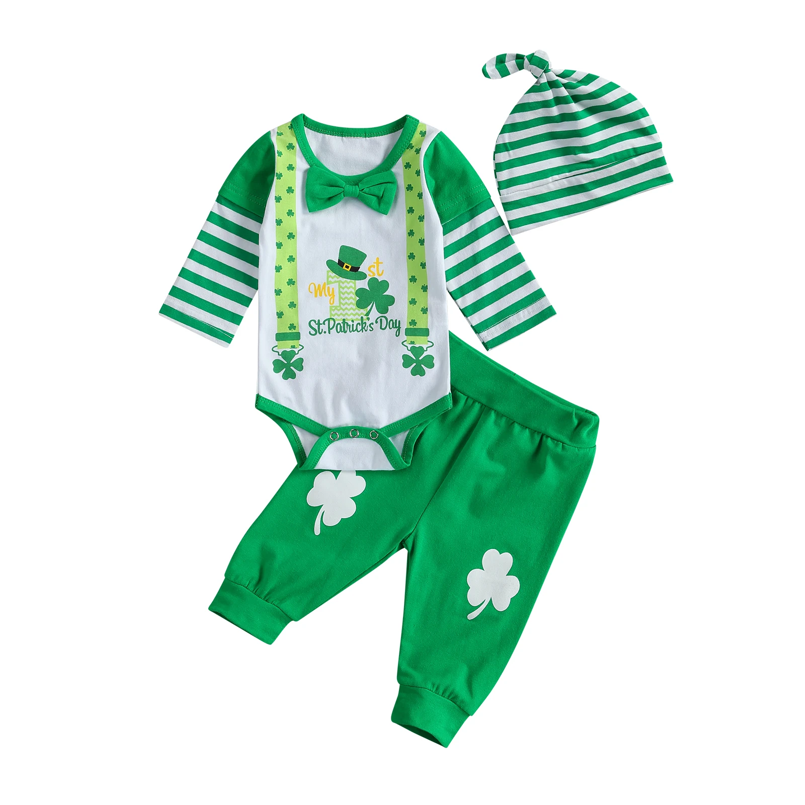 

pudcoco 0-18 Months Newborn Baby St.Patrick's Day Fashion 3-piece Outfit Suit Long Sleeve Bowknot Romper + Pants + Hat Set