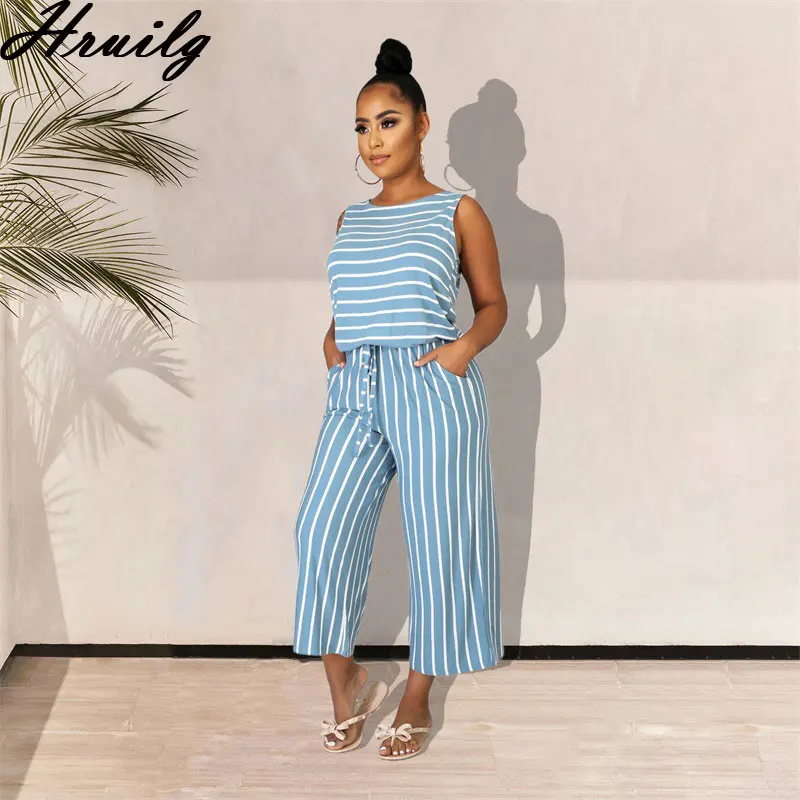 

Jumpsuit Casual Striped Printing O Neck Loose Strappy Elegant Jumpsuit Women Summer Streetwear Party Holidays Women Jumpsuits