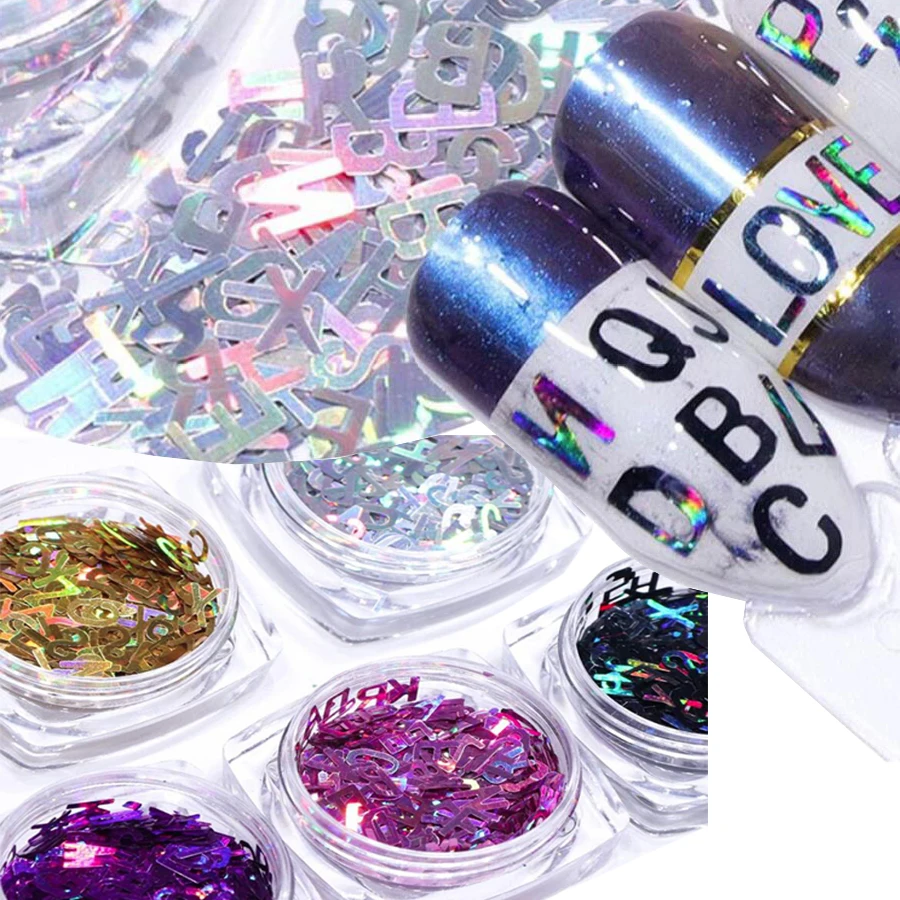 Голографический блестящий алфавитный ноготь письменные письма искусство хлопья дизайн декоративные рождественские украшения на.