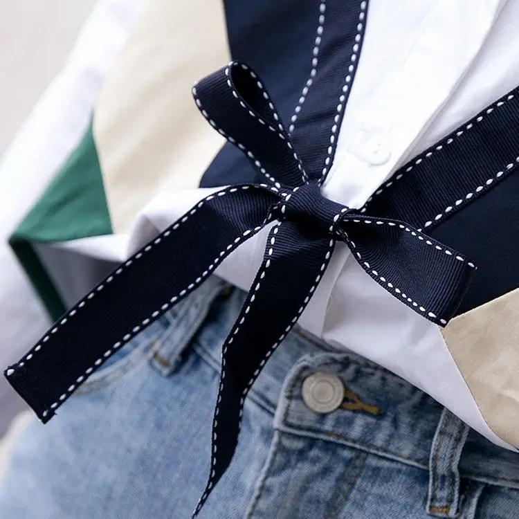 

Women 's Shirt 2021 Autumn Korean Style Lapel Single Breasted Long Sleeve Loose Patchwork Top