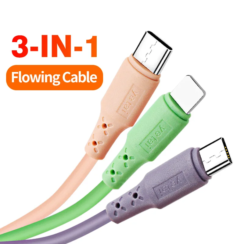 

3 in 1 2.4A Fast Charging Cable Liquid Silicone Micro USB USB-C Type-C Cable Charger for iPhone huawei samsung xiaomi Cable Wire