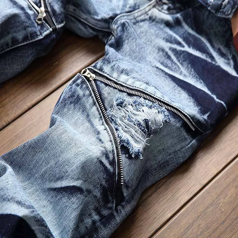 

KIOVNO Men's Biker Ripped Denim Trousers Distressed Pleated Moto Jeans Pants Male Fashion Designer