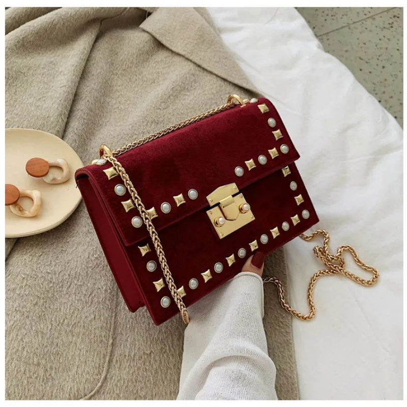 Velvet 2 Burgundy Маленькая прозрачная брендовая дизайнерская женская сумка, новая модная сумка-мессенджер, сумка на плечо с цепочками, бархатная прозрачная квадратная сумка из искусственной кожи с заклепками - Цвет: Velvet 2 Burgundy