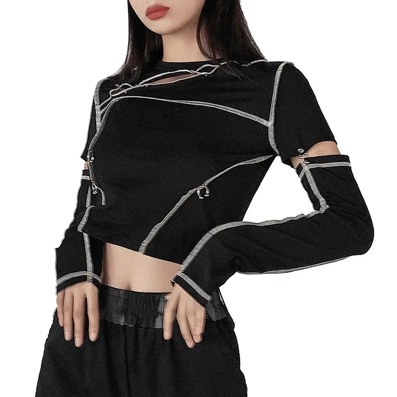 

Women's Spring Autumn Hollow Patchwork Punk Black T-shirt Autumn Spring Sexy Club Streetwear Casual Long Sleeve Pullover Tops