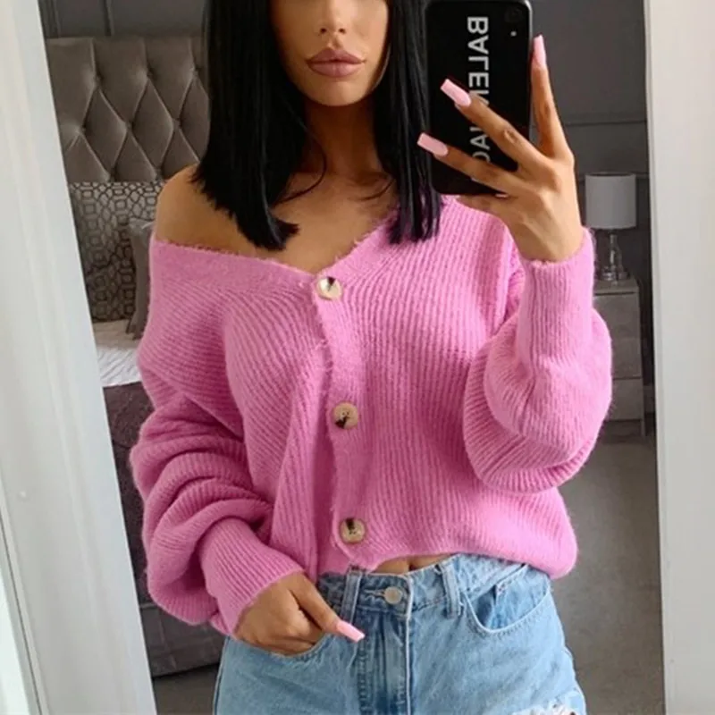 

Women Short Cardigan Knitted Sweater Autumn Winter Long Sleeve V neck Jumper Cardigans Casual Streetwear Fashion Pull Femme Coat