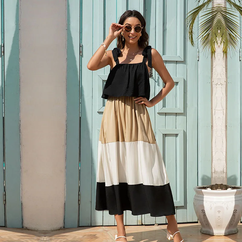 

Модные розовые летние женские туфли на каждый день 2021 Новое длинное платье с соединением внакрой квадратный воротник пикантные темперамен...