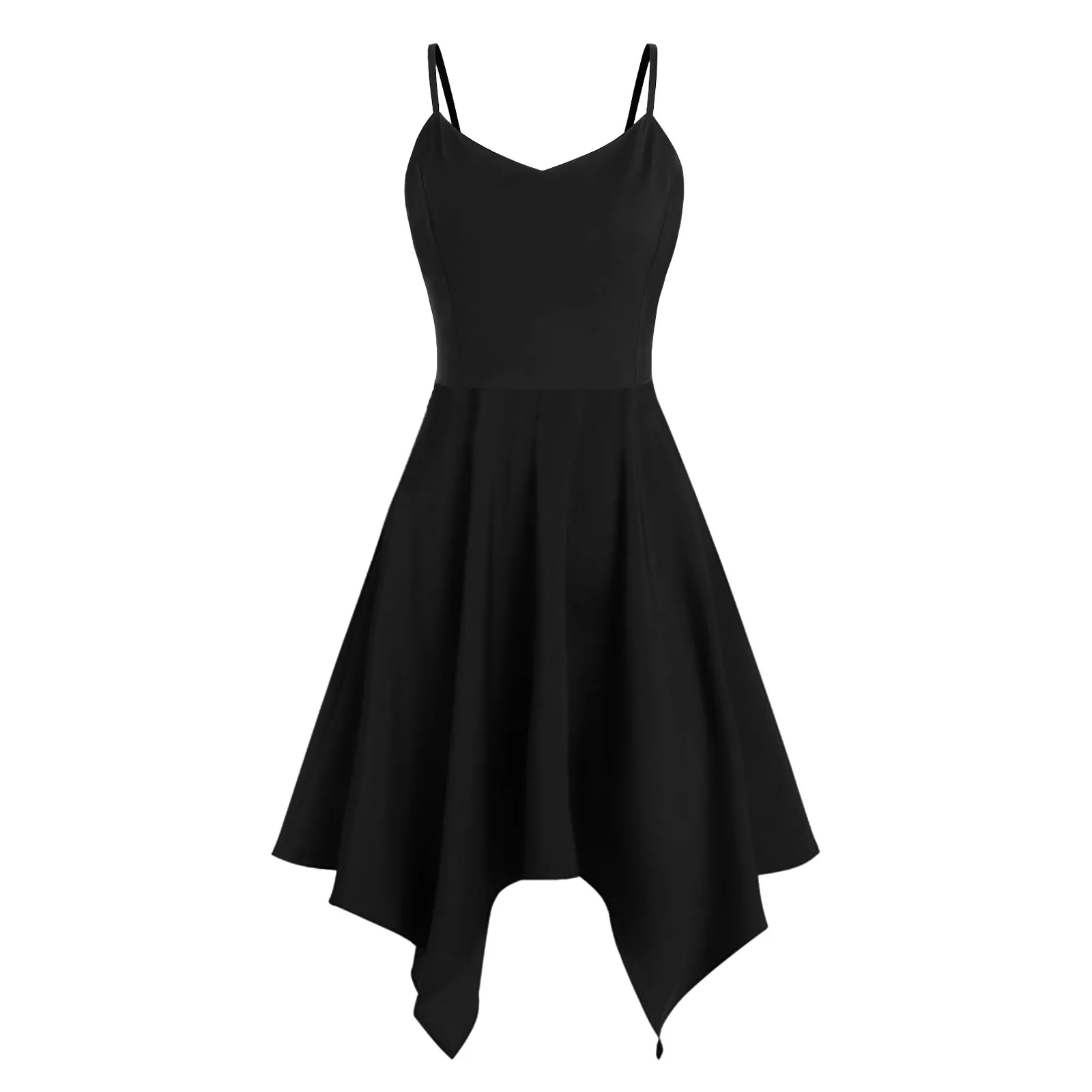 

Plus Size Fashion Dress For Womens 2021 Gothic Sexy Sleeveless Solid Black Asymmetric Camis Handkerchief Female Dress Robe #40