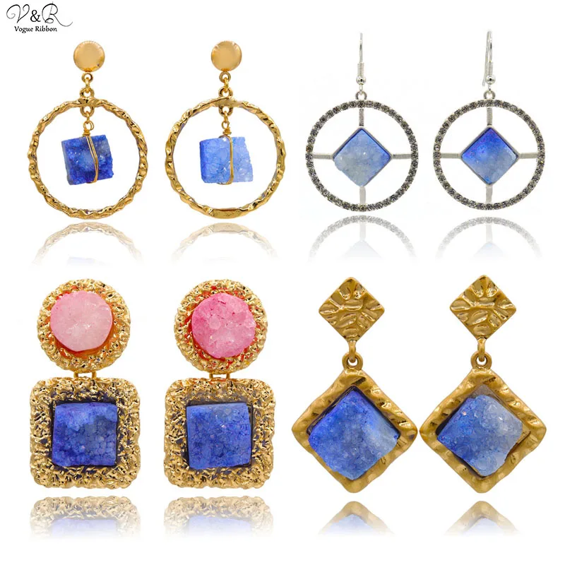 Синие розовые натуральные Подвески Друза кварцевые серьги-капли серьги с