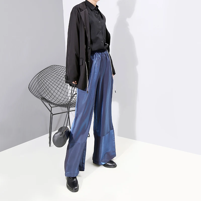 * Новинка 2019 корейский стиль женские синие длинные прямые штаны блестящие с