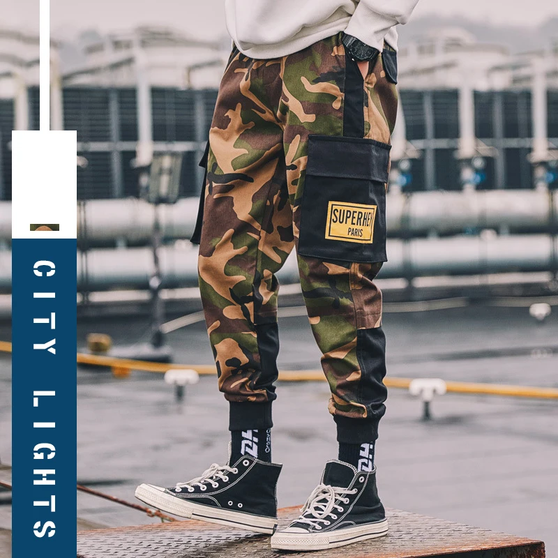 Брюки карго мужские камуфляжные брюки с кулиской много карманов стиль хип хоп