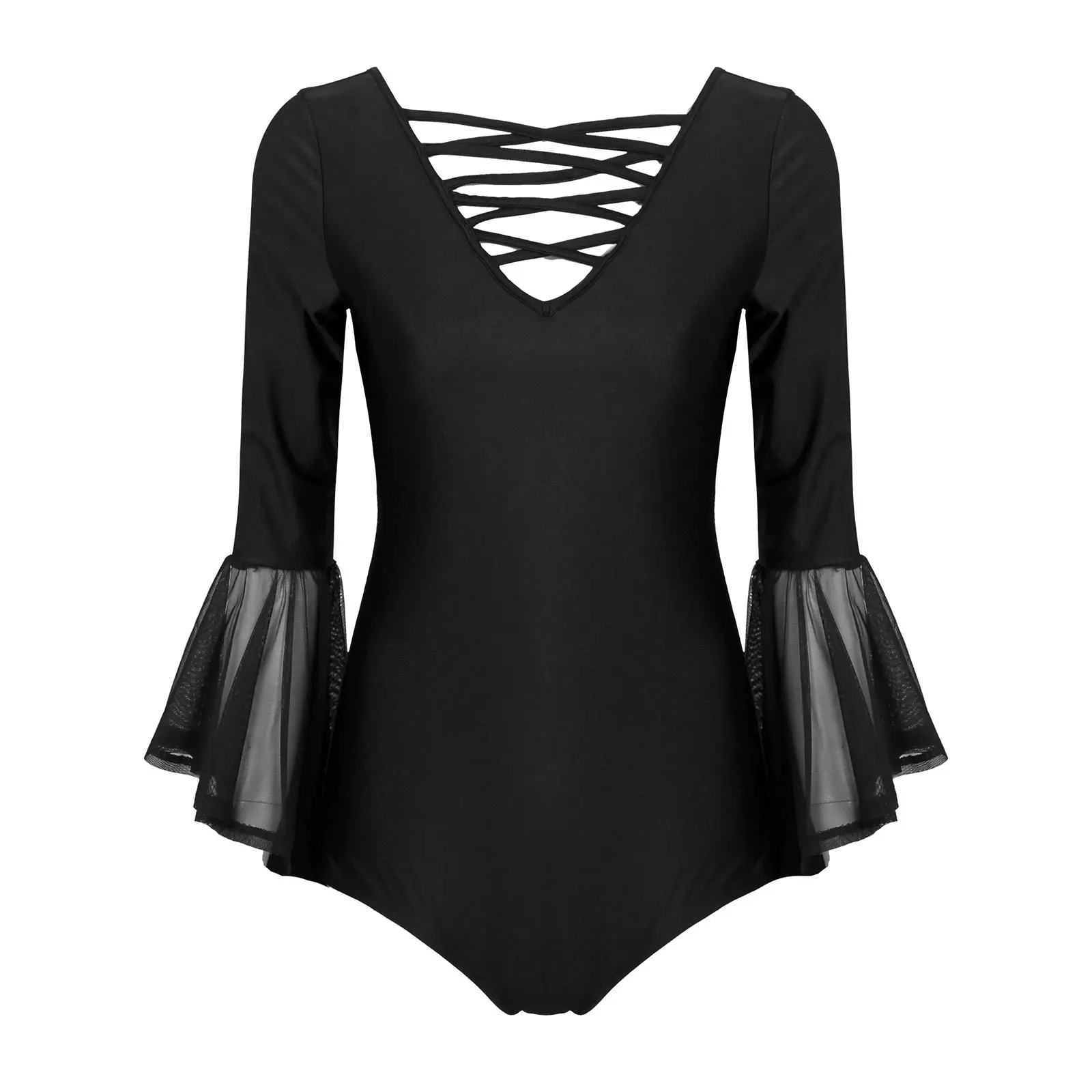 

Women Dance Leotard Mesh Flare Long Sleeve Criss-Cross V Neck Backless Bodysuit Jumpsuit for Ballet Dance Exercise Costumes