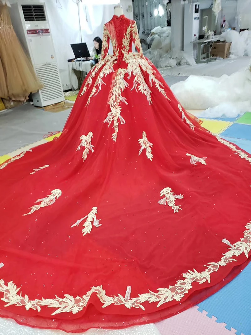 

BGW 3429ht Red Wedding Party Dress High Neck Long Sleeve Appliques Lace Up Muslim Evening Dresses Long Kleider Damen Abendkleid