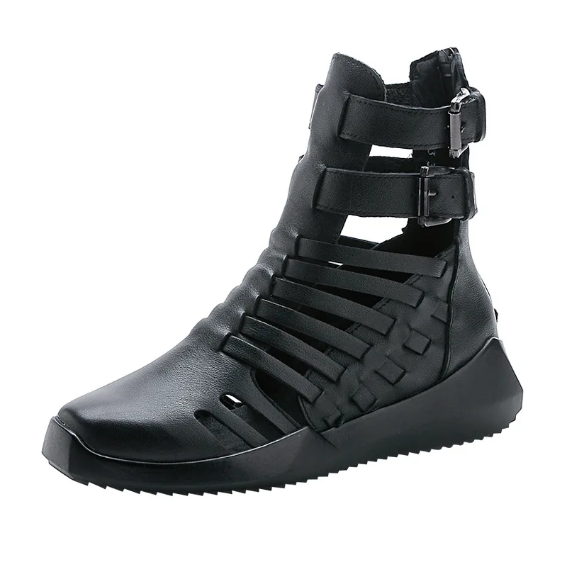 

Johnature Summer Boots Women Shoes 2021 New Genuine Leather Zip Round Toe Wedges Sewing Handmade Concise Ankle Platform Boots