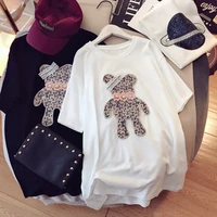 2021 summer fashion womens mid length t shirt embroidery bear loose cotton short sleeve o neck tees tops oversized t shirt