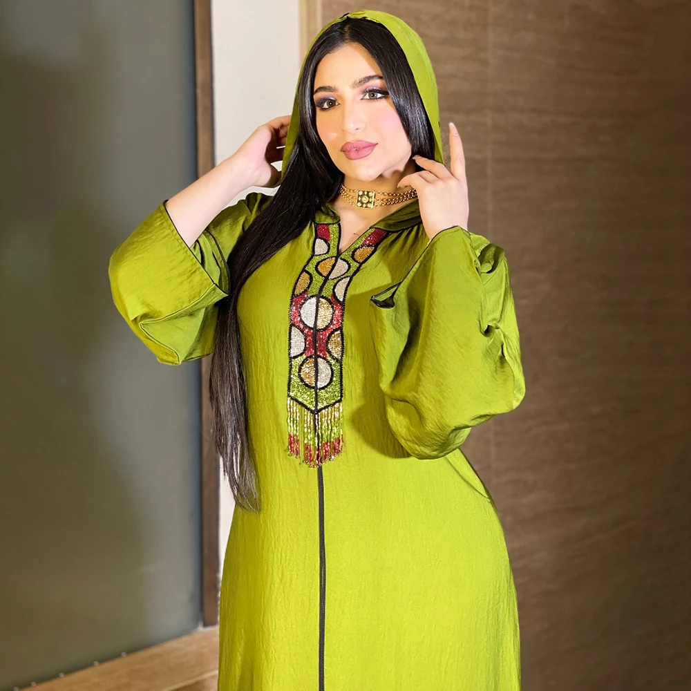 

FridayIn Autumn New Lady Middle Eastern Muslim Hooded Robe Pure Color Fringe Hot Rhinestone Dress Southeast Asian Women Clothes