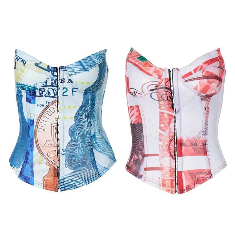 

Money Printed Corset Sexy Tank Tops Women Bodycon Low Cut Sexy Crop Top Sleeveless Vests Croptops Night Club Casual