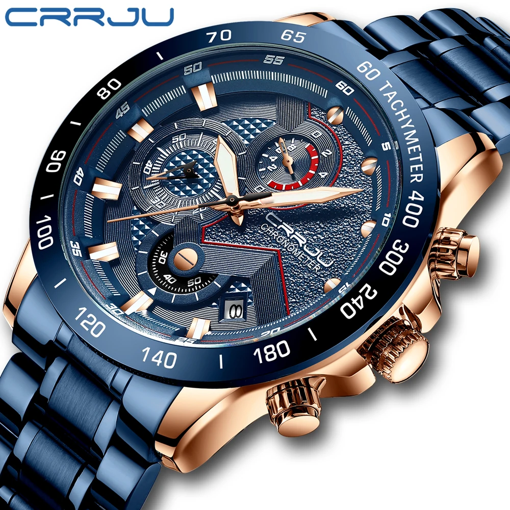 

CRRJU New Fashion Mens Watches with Stainless Steel Top Brand Luxury Sports Chronograph Quartz Watch Men Relogio Masculino