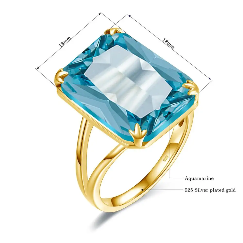 100% Genuine Silver 925 Rings With 14K Gold Ring Sky Blue Aquamarine Handmade Carve Rectangle Gemstone Fine Jewelry For Women | Украшения и