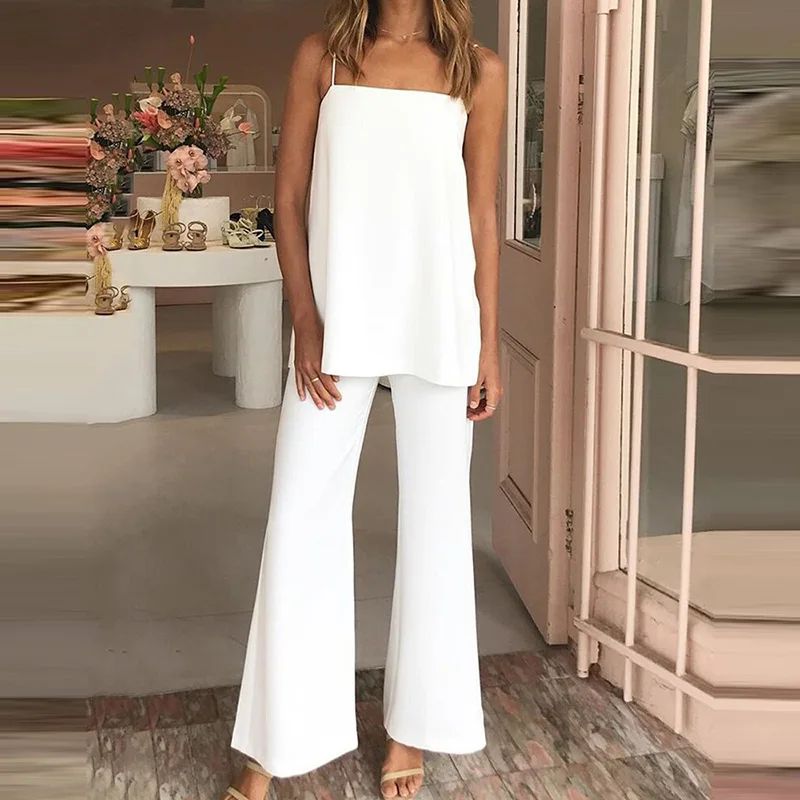 

Женский Повседневный костюм, однотонный расклешенный топ и брюки на бретельках, 2021, лето, наряд-униформа