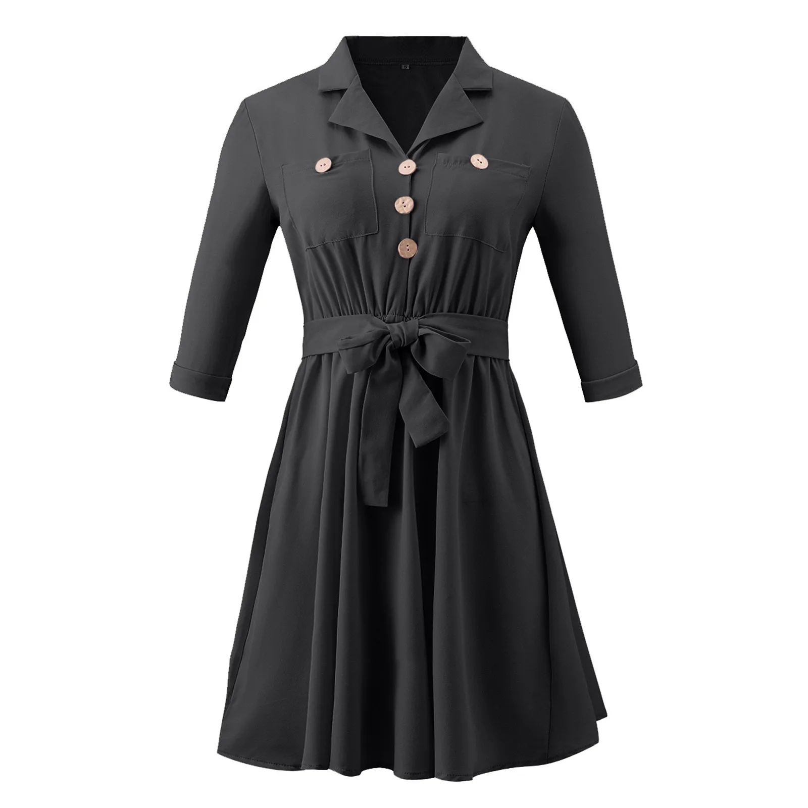

Summer Autumn Women Shirt Dress Ladies Suit Collar Solid Color Nine-point Sleeve Waist Lace-Up Blouses Dresses Vestidos Mujer