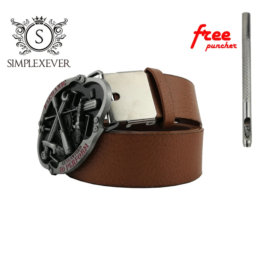 PU Belts with MECHANIC Metal Belt Buckle Men's Buckles Head Suitable for 4cm Wide Free Puncher |