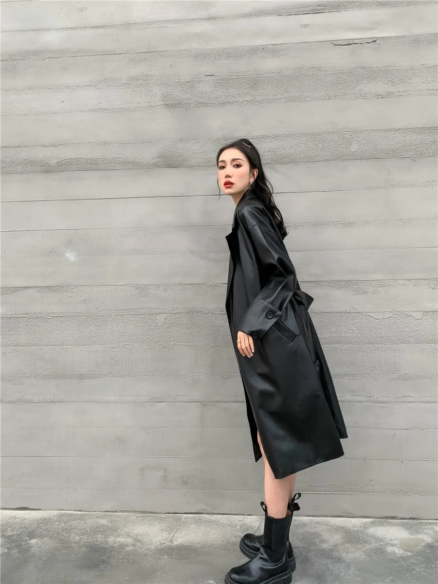 

New women"s long black Pu leather fashion trench outerwear large size female women's clothes A111