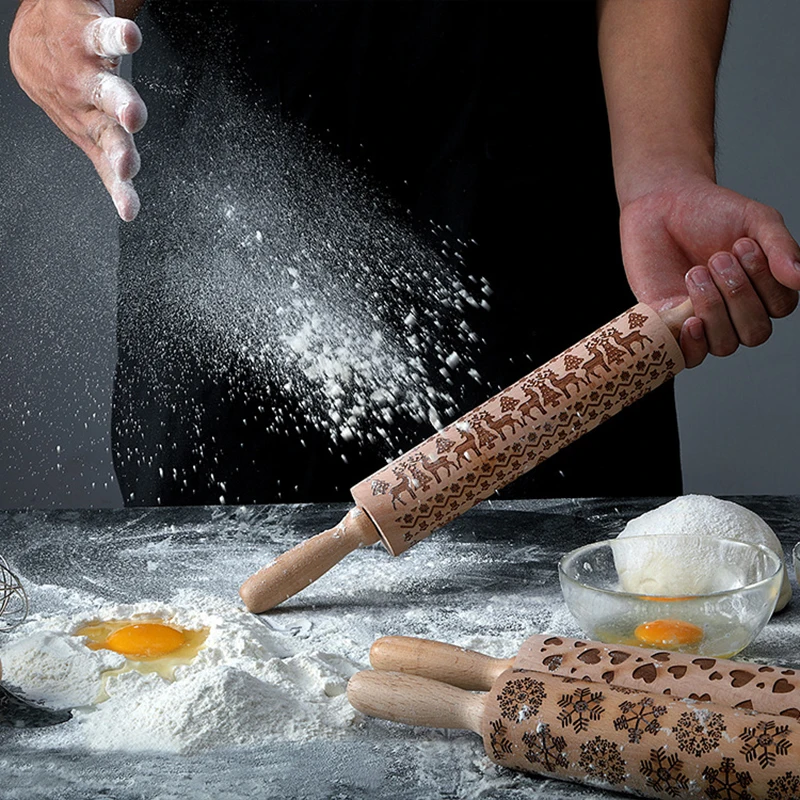 Деревянная Скалка с тиснением легкий ручной ролик для теста печенья печенье