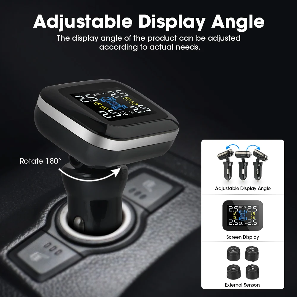 Jansite Car TPMS Cigarette lighter Tire Pressure Monitoring System Sensors Adjustable Display Angle Auto Security Alarm | Автомобили и