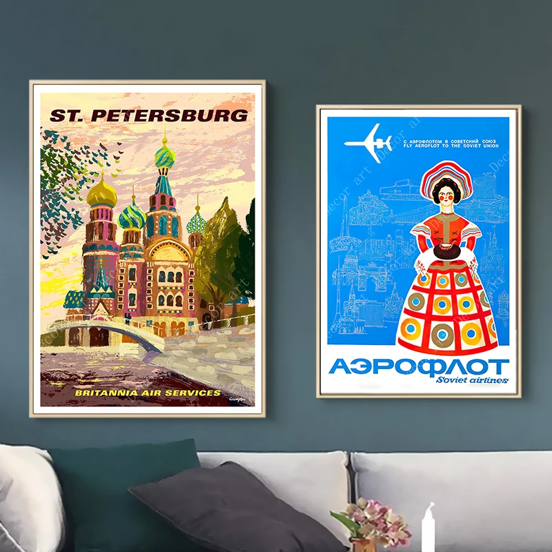 Русские авиалинии СПб для путешествий холст живопись винтажный настенный плакат