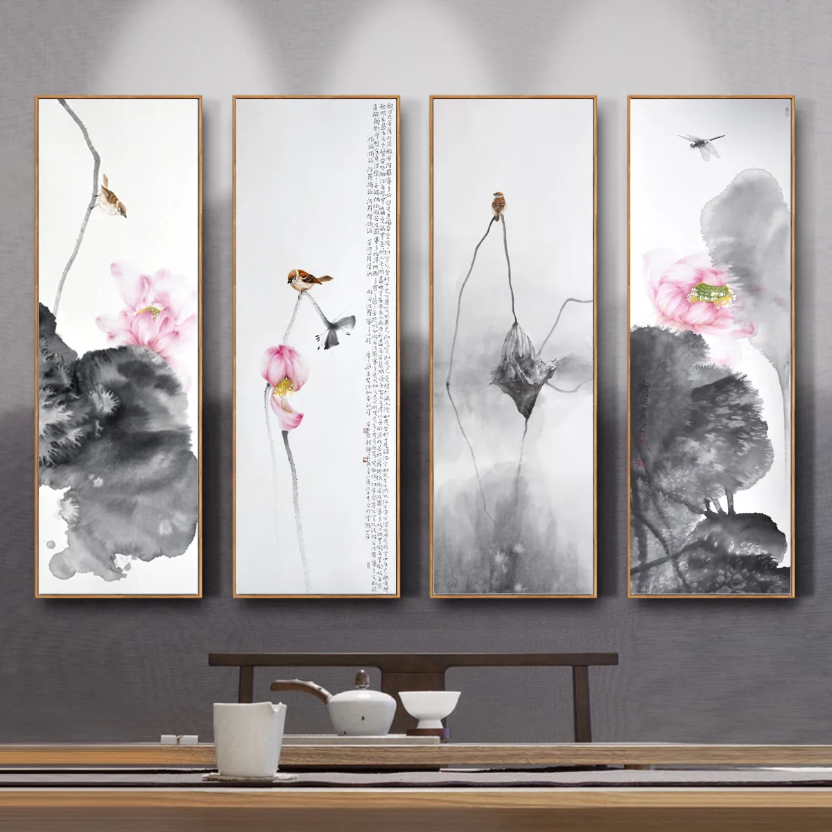 Постер на холсте в китайском стиле с изображением дракона птиц лотоса | Дом и сад