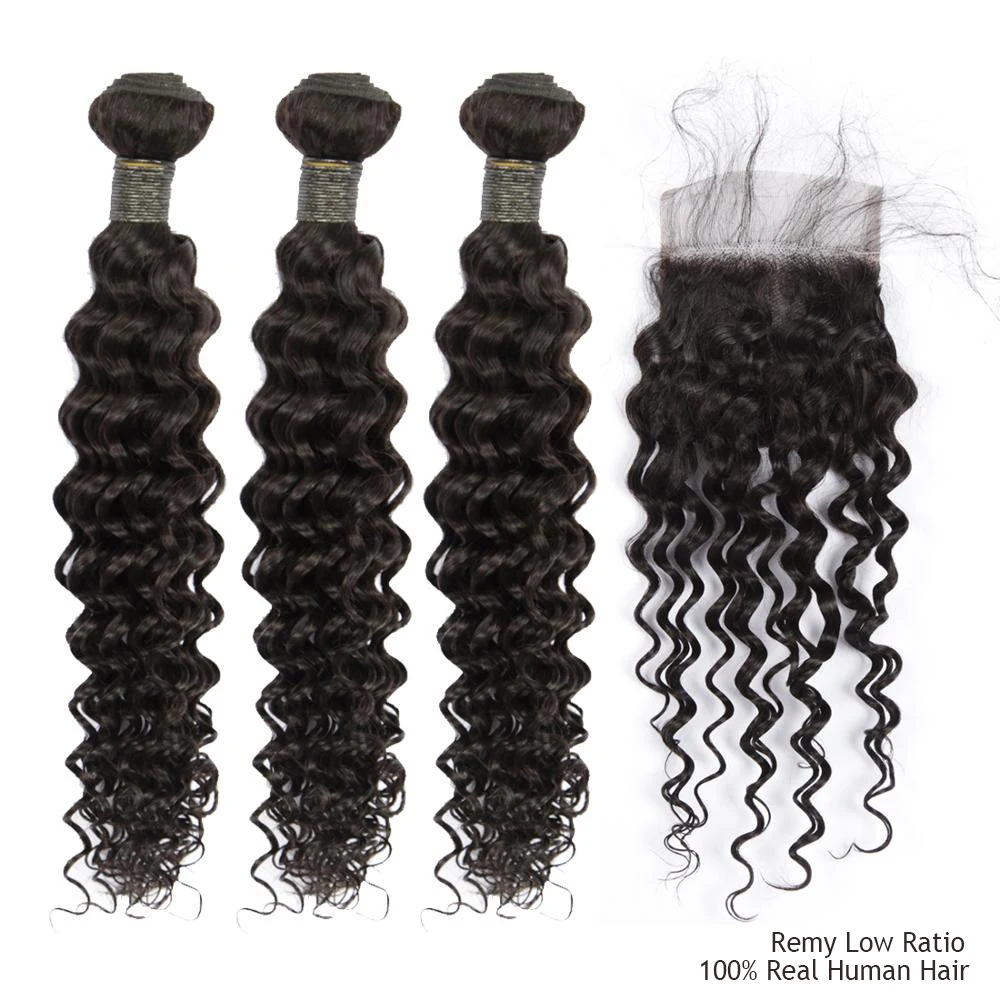 Remy глубоко вьющиеся синтетические волосы на Комплект с Закрытие 4x4