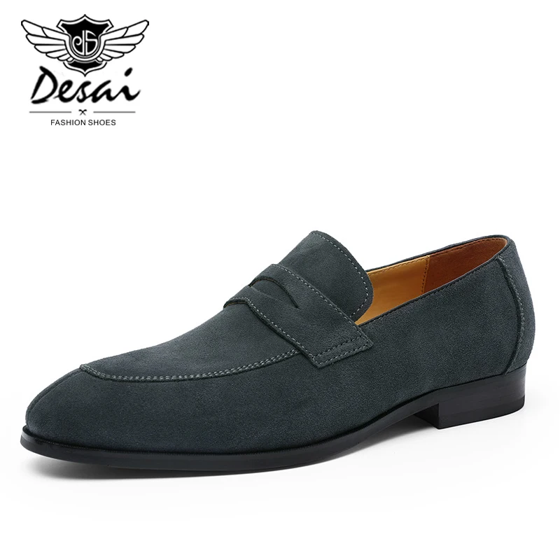 Dark Gray DESAI/ г. Новые Осенние мужские деловые модельные туфли деловые лоферы на каждый день из коровьей замши без шнуровки, оксфорды на плоской подошве - Цвет: Dark Gray