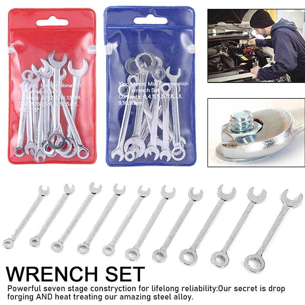 

10pcs Combination Spanner Set Small Wrench Metric / SAE Imperial Portable Tool Superior Alloy Production Heat Treatment