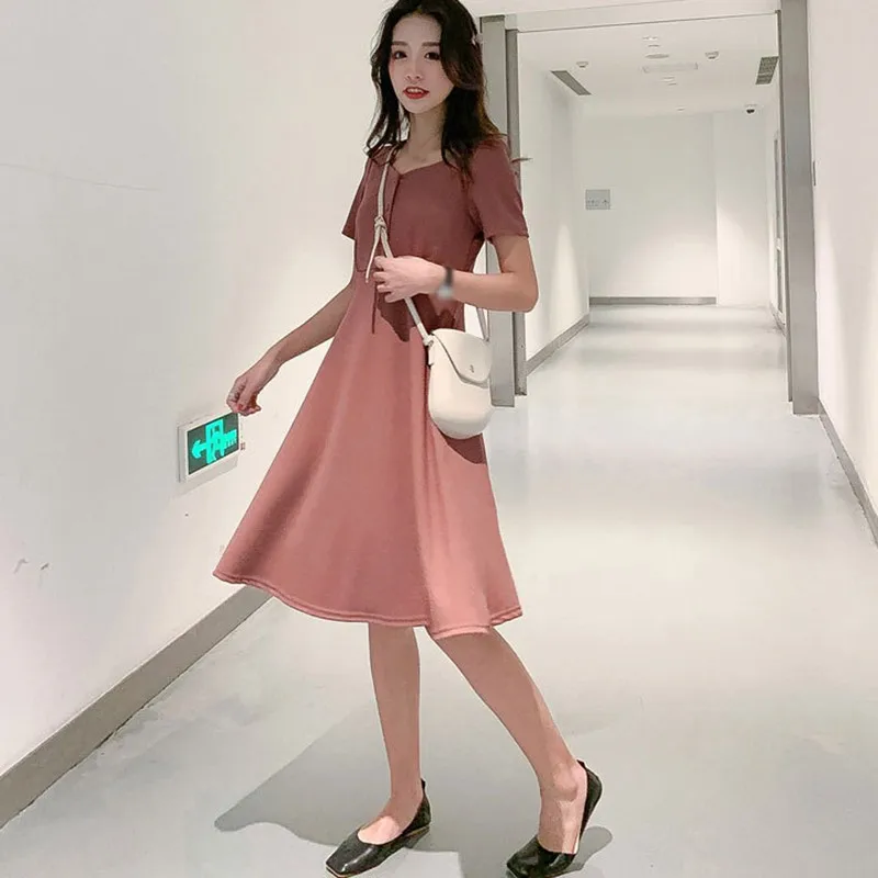 

Summer Korean Style Retro Slim Solid Color Short Sleeve Dress