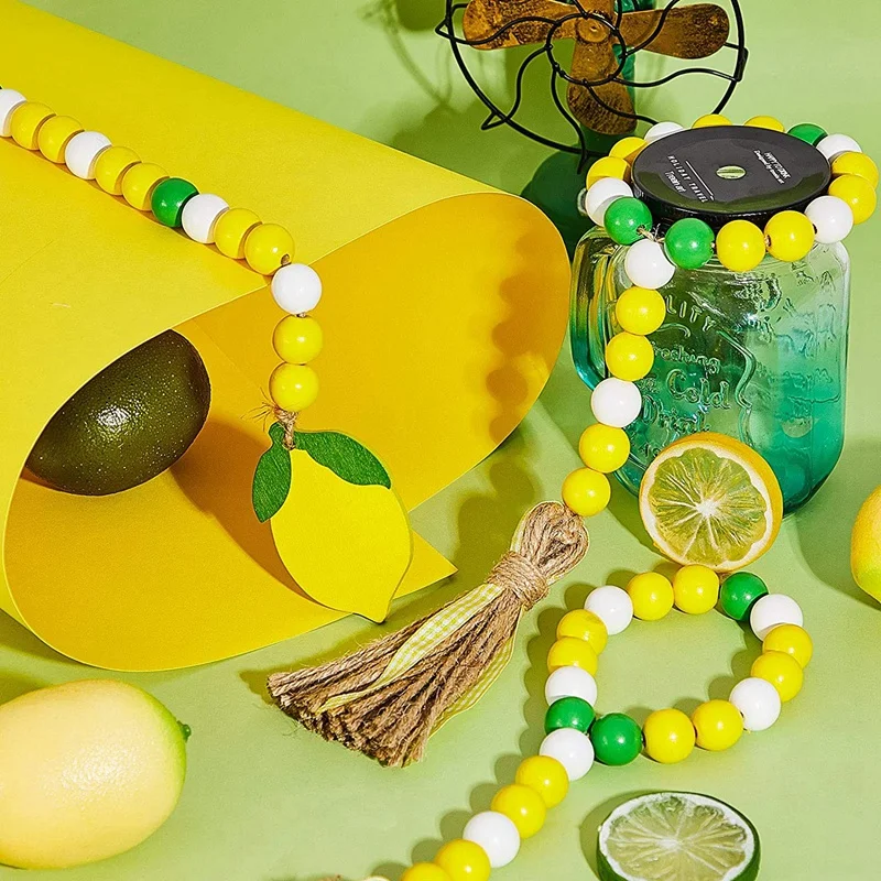 

Lemon Wood Bead Garland,Rustic Beaded Garland with Tassels Farmhouse Wooden Bead Hang Decor Wooden Beaded for Wall Decor