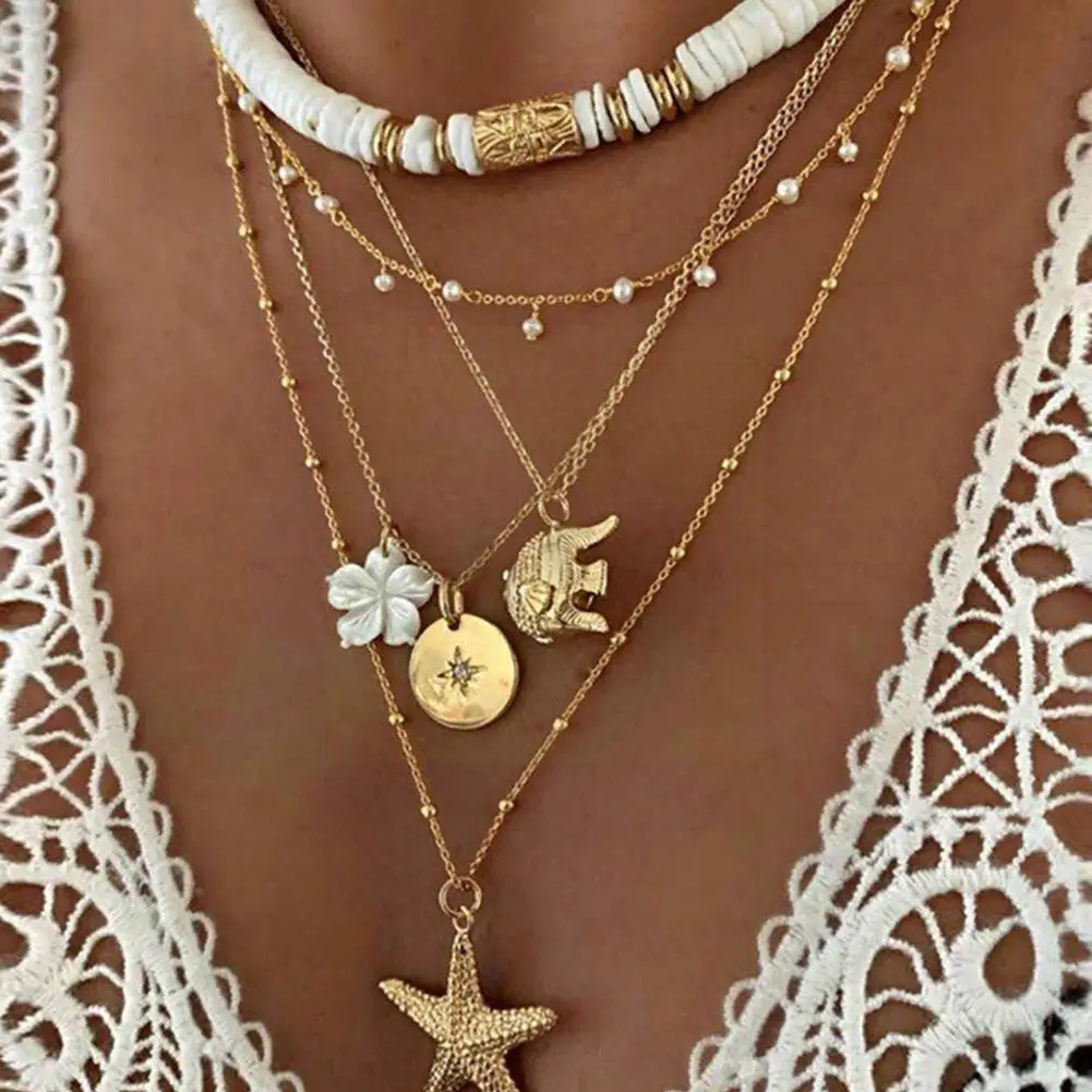 

Starfish Pendant Necklace Punk Multilayer Beach Pearl Coconut Tree Long Chain Necklace For Women Party Jewelry Gi U7i0